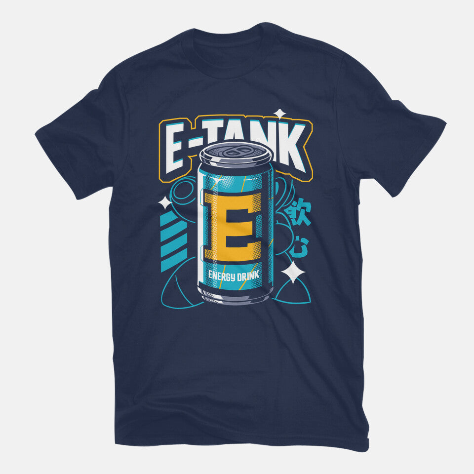E Energy Drink – Gaming Graphic T-Shirt in navy, flat-lay product view