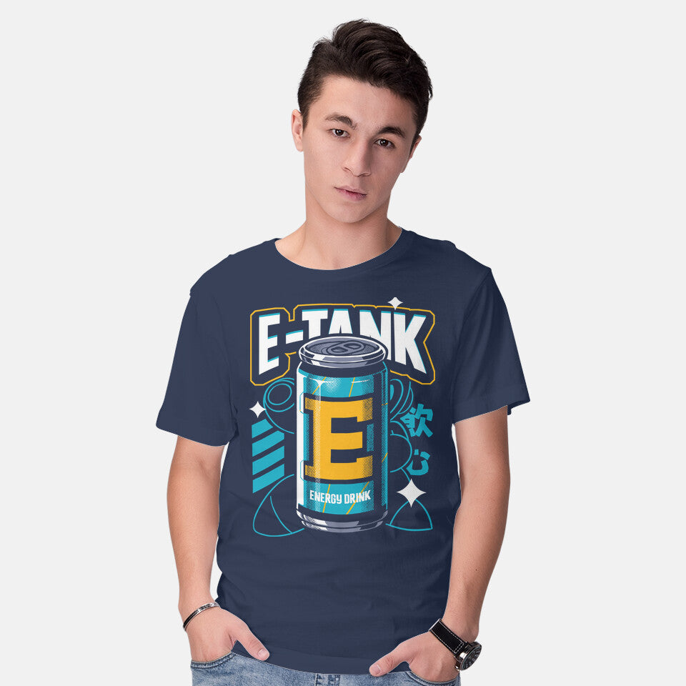 Model wearing navy E Energy Drink – Gaming Graphic T-Shirt