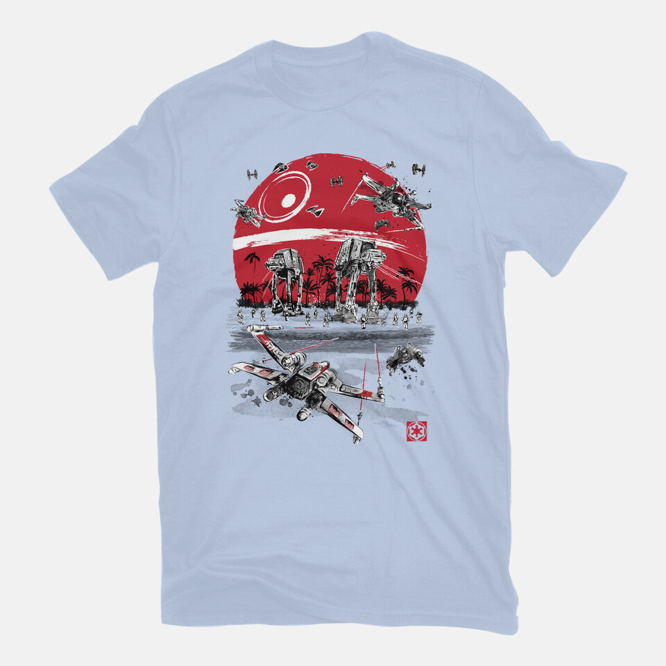 Battle On The Beach – Sci-Fi Graphic T-Shirt in blue, flat-lay product view