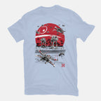 Battle On The Beach – Sci-Fi Graphic T-Shirt in blue, flat-lay product view