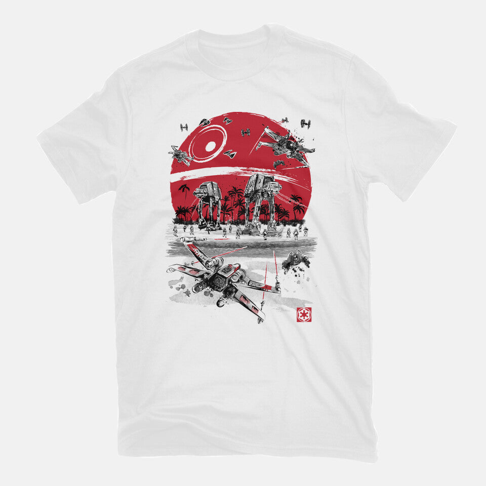Battle On The Beach – Sci-Fi Graphic T-Shirt in white, flat-lay product view
