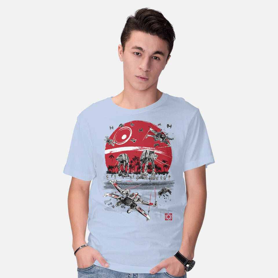 Model wearing blue Battle On The Beach – Sci-Fi Graphic T-Shirt