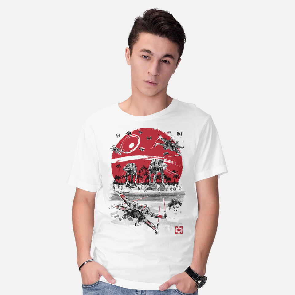 Model wearing white Battle On The Beach – Sci-Fi Graphic T-Shirt