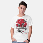 Model wearing white Battle On The Beach – Sci-Fi Graphic T-Shirt