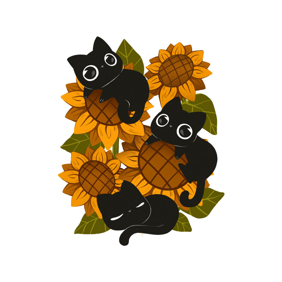 Sunflowers And Black Kitties – Cat Graphic T-Shirt design artwork for white graphic T-shirt