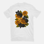 Sunflowers And Black Kitties – Cat Graphic T-Shirt in white, flat-lay product view