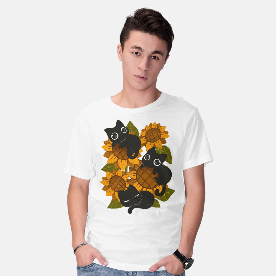 Model wearing white Sunflowers And Black Kitties – Cat Graphic T-Shirt