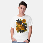 Model wearing white Sunflowers And Black Kitties – Cat Graphic T-Shirt