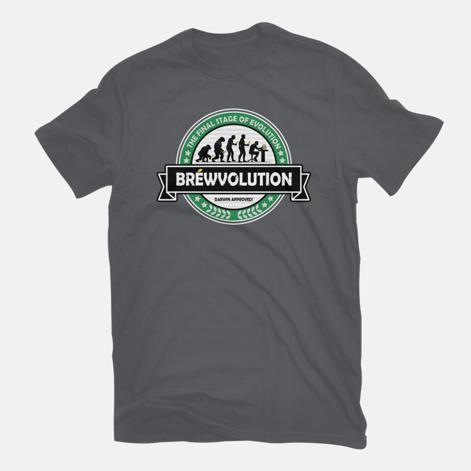 Brewvolution – Funny Graphic T-Shirt in charcoal, flat-lay product view