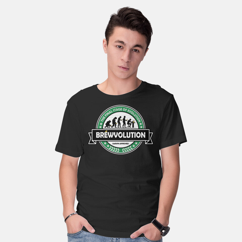 Model wearing black Brewvolution – Funny Graphic T-Shirt