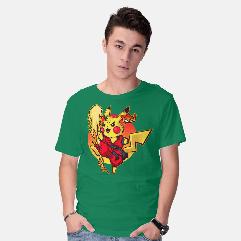 Model wearing green Pikaken – Anime Graphic T-Shirt