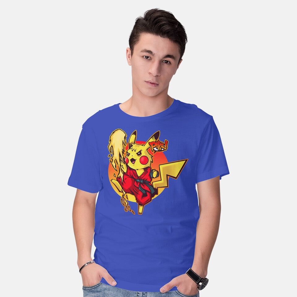 Model wearing royal blue Pikaken – Anime Graphic T-Shirt