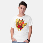 Model wearing white Pikaken – Anime Graphic T-Shirt