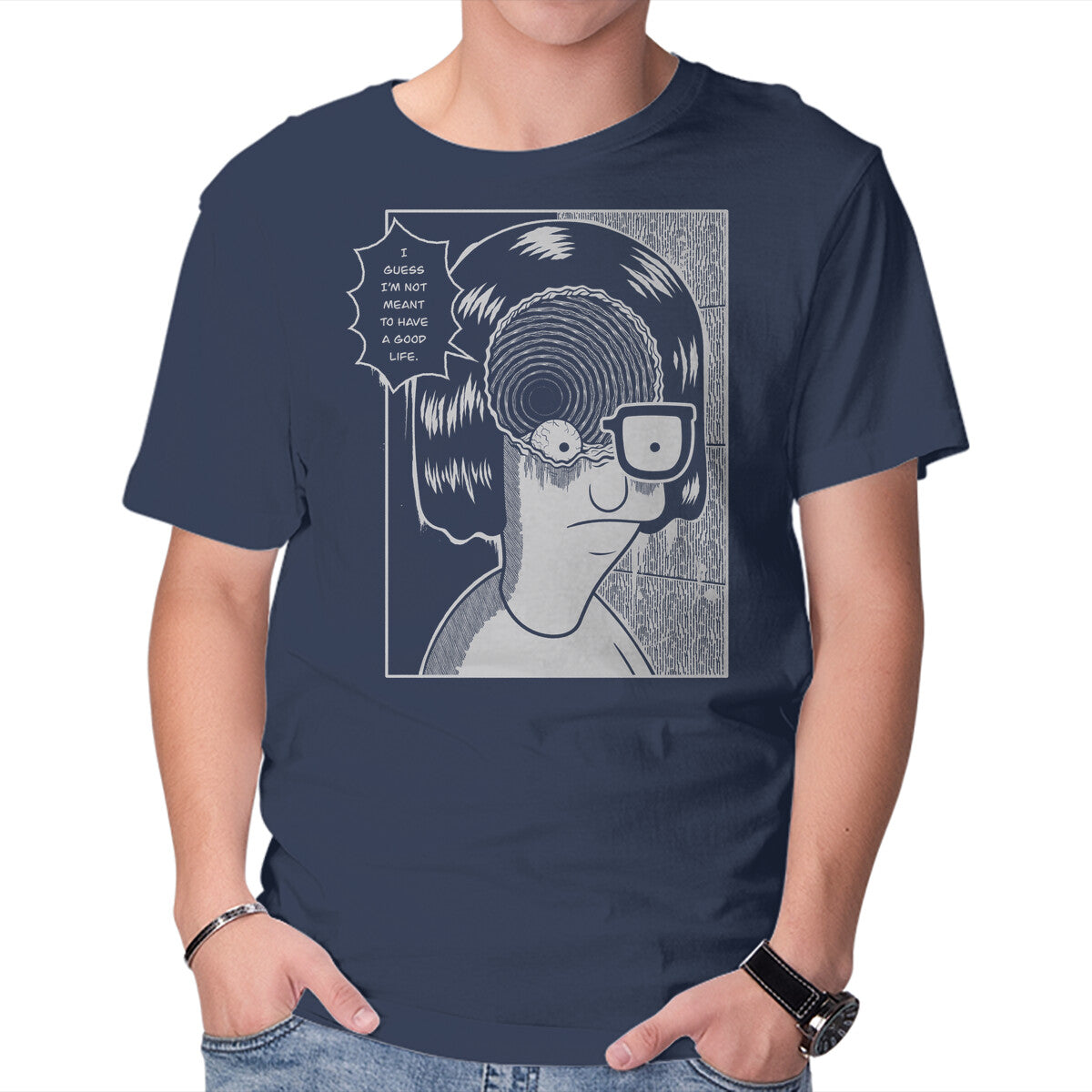 Downward Spiral – Horror Graphic T-Shirt in navy, product display