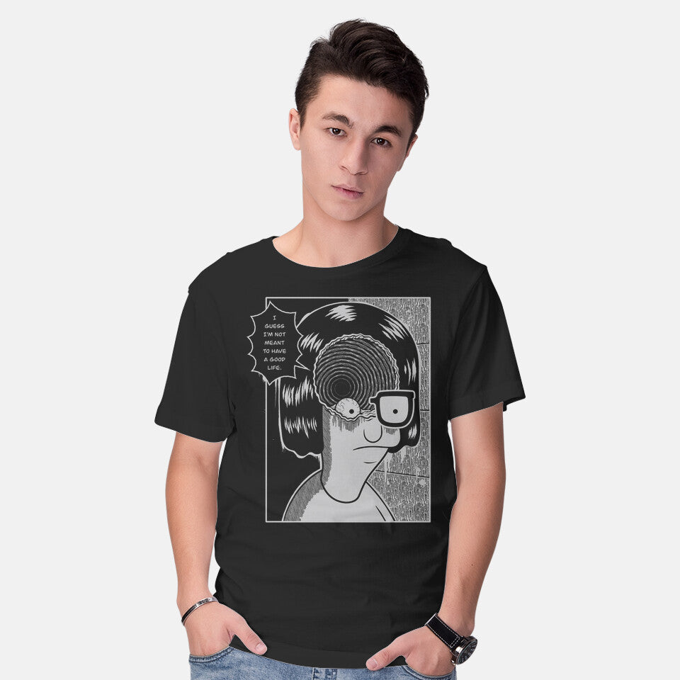 Model wearing black Downward Spiral – Horror Graphic T-Shirt