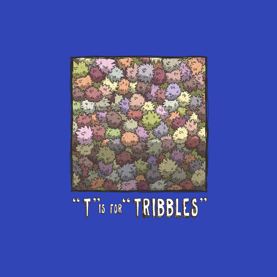 T is for Tribbles – Sci-Fi Graphic T-Shirt design artwork for royal blue graphic T-shirt