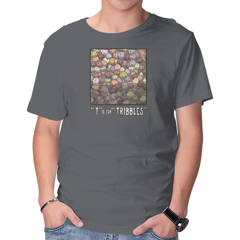 T is for Tribbles – Sci-Fi Graphic T-Shirt in charcoal, product display