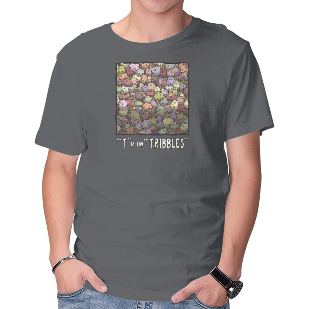 T is for Tribbles – Sci-Fi Graphic T-Shirt in charcoal, product display