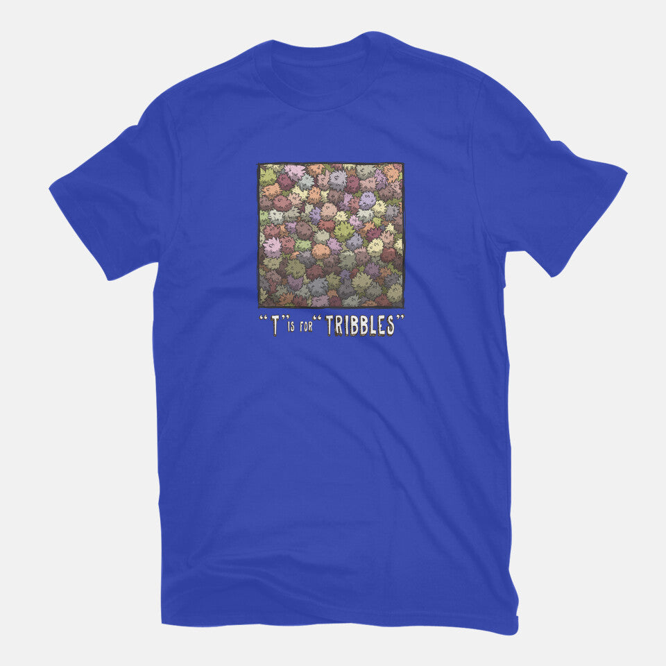 T is for Tribbles – Sci-Fi Graphic T-Shirt in royal blue, flat-lay product view