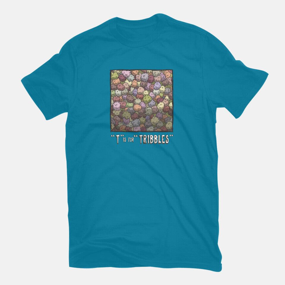 T is for Tribbles – Sci-Fi Graphic T-Shirt in turquoise, flat-lay product view
