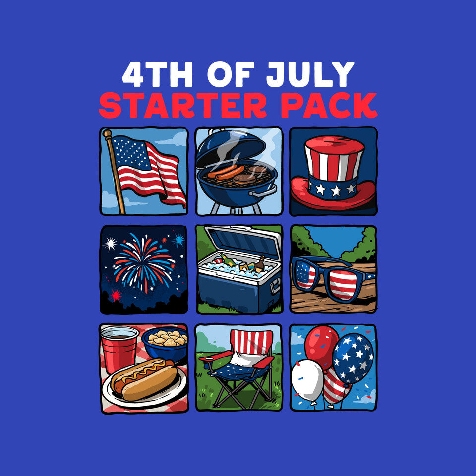 Fourth Of July Starter Pack Graphic T-Shirt design artwork for royal blue graphic T-shirt