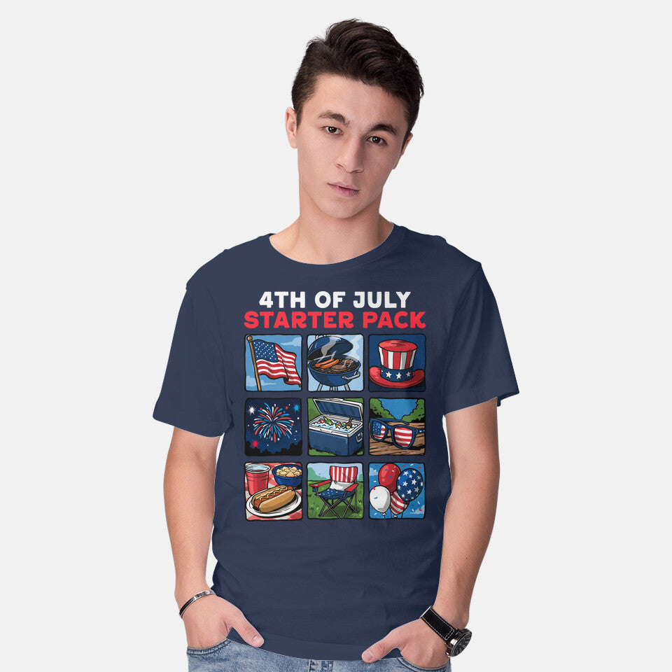 Model wearing navy Fourth Of July Starter Pack Graphic T-Shirt