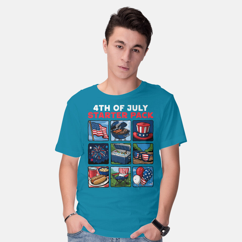 Model wearing turquoise Fourth Of July Starter Pack Graphic T-Shirt