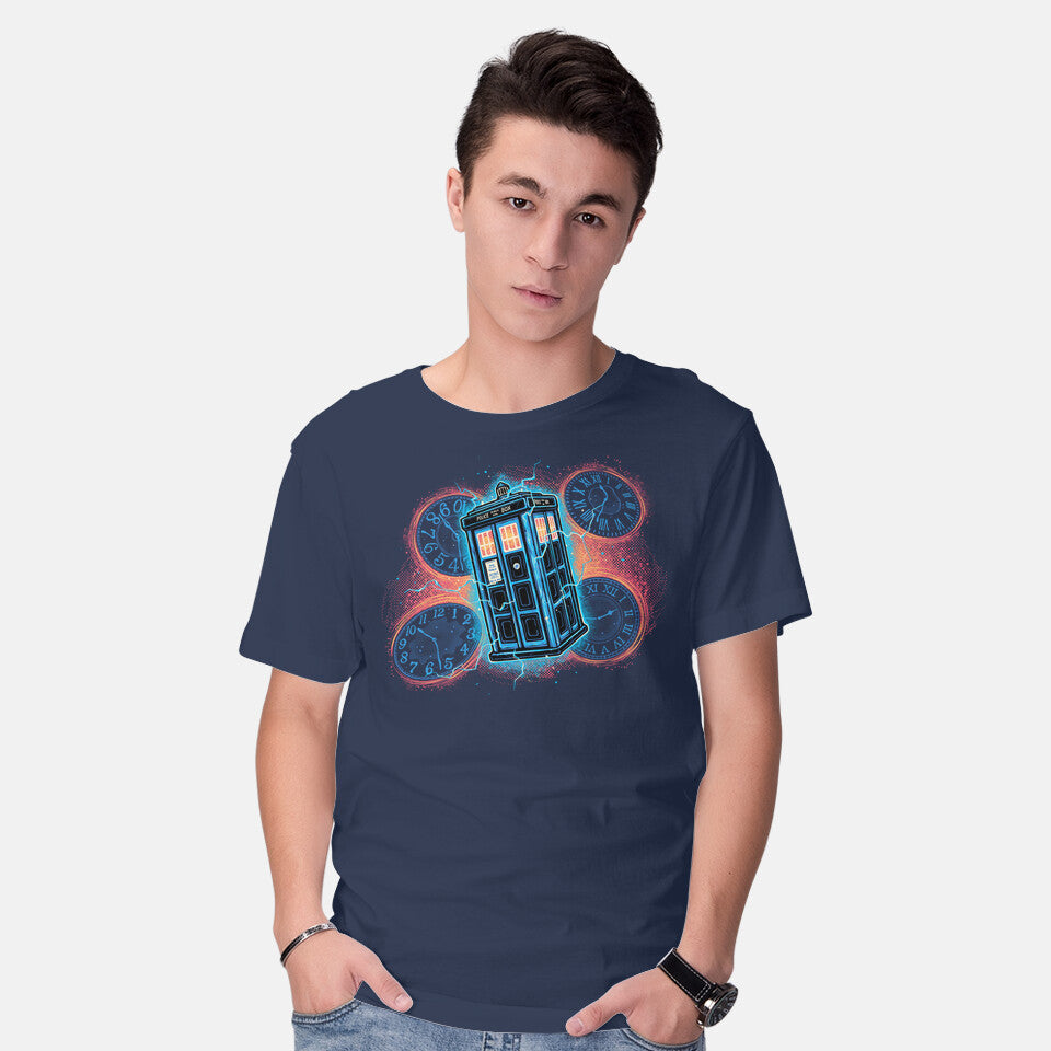Model wearing navy The Ripple Of Time – Sci-Fi Graphic T-Shirt