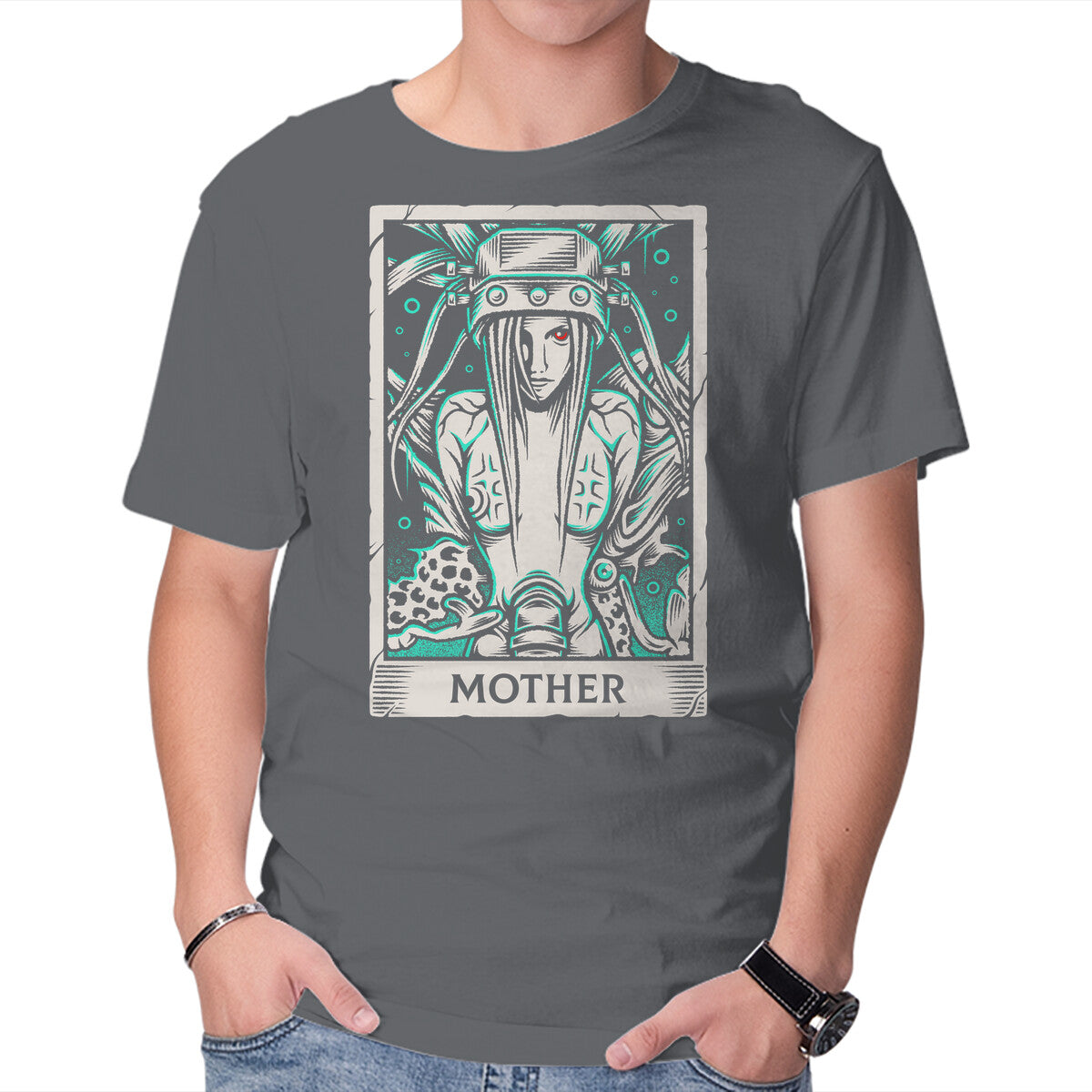 Jenova Tarot Card – Gaming Graphic T-Shirt in charcoal, product display