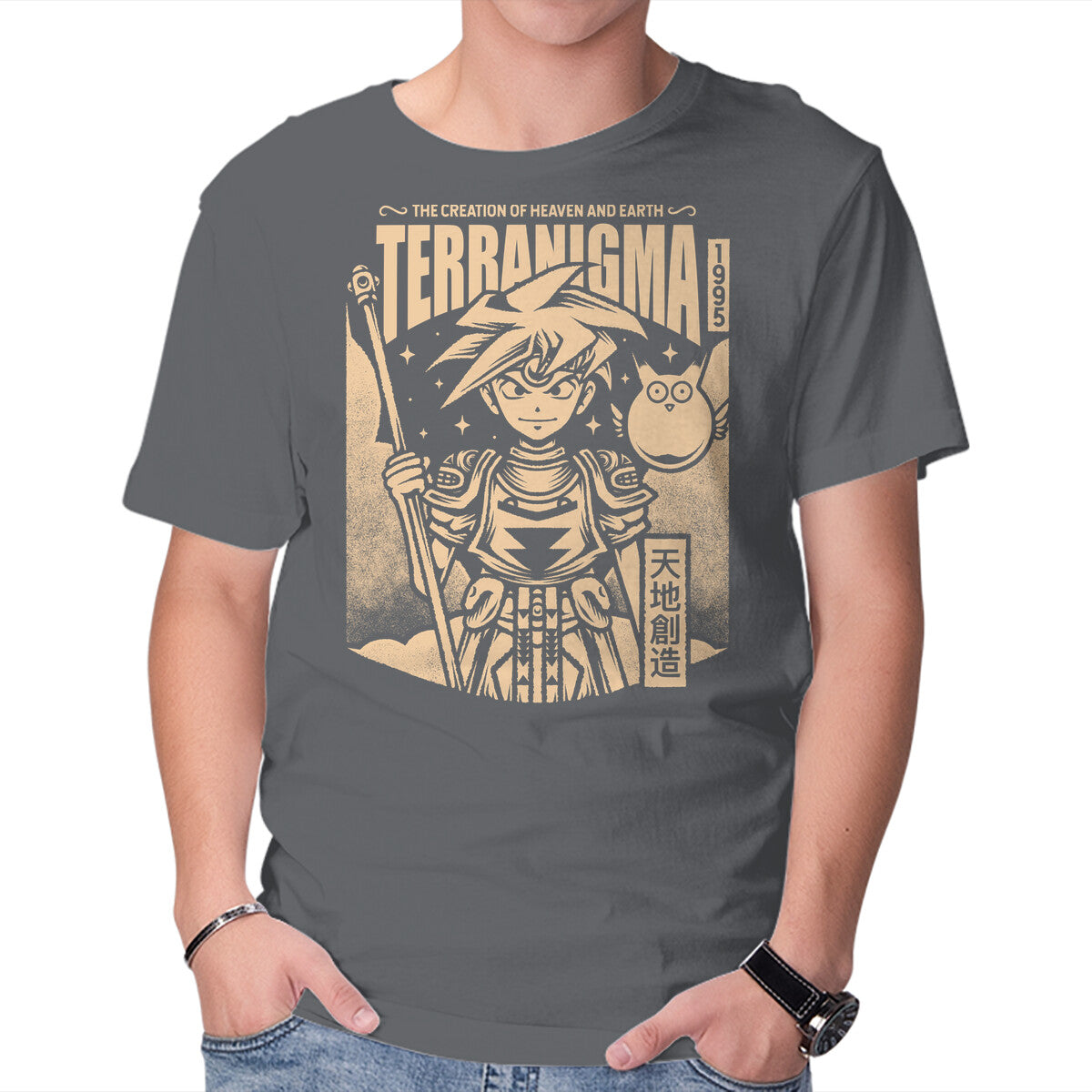 Ark And Yomi Terranigma – Gaming Graphic T-Shirt in charcoal, product display