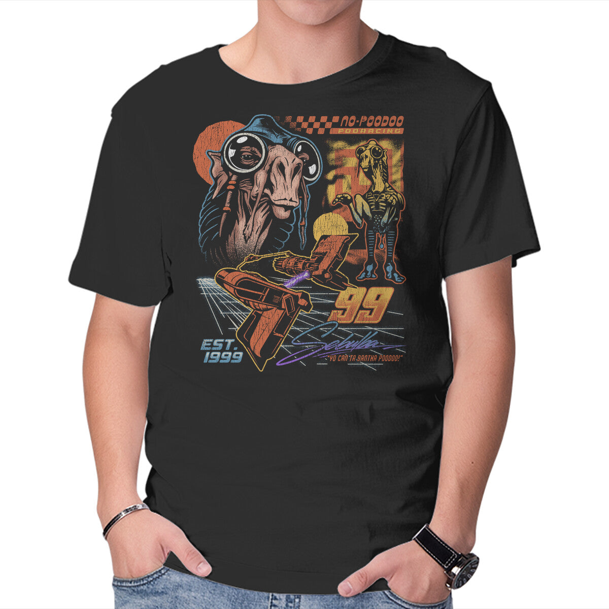 No Poodoo Podracing – Sci-Fi Graphic T-Shirt in black, product display