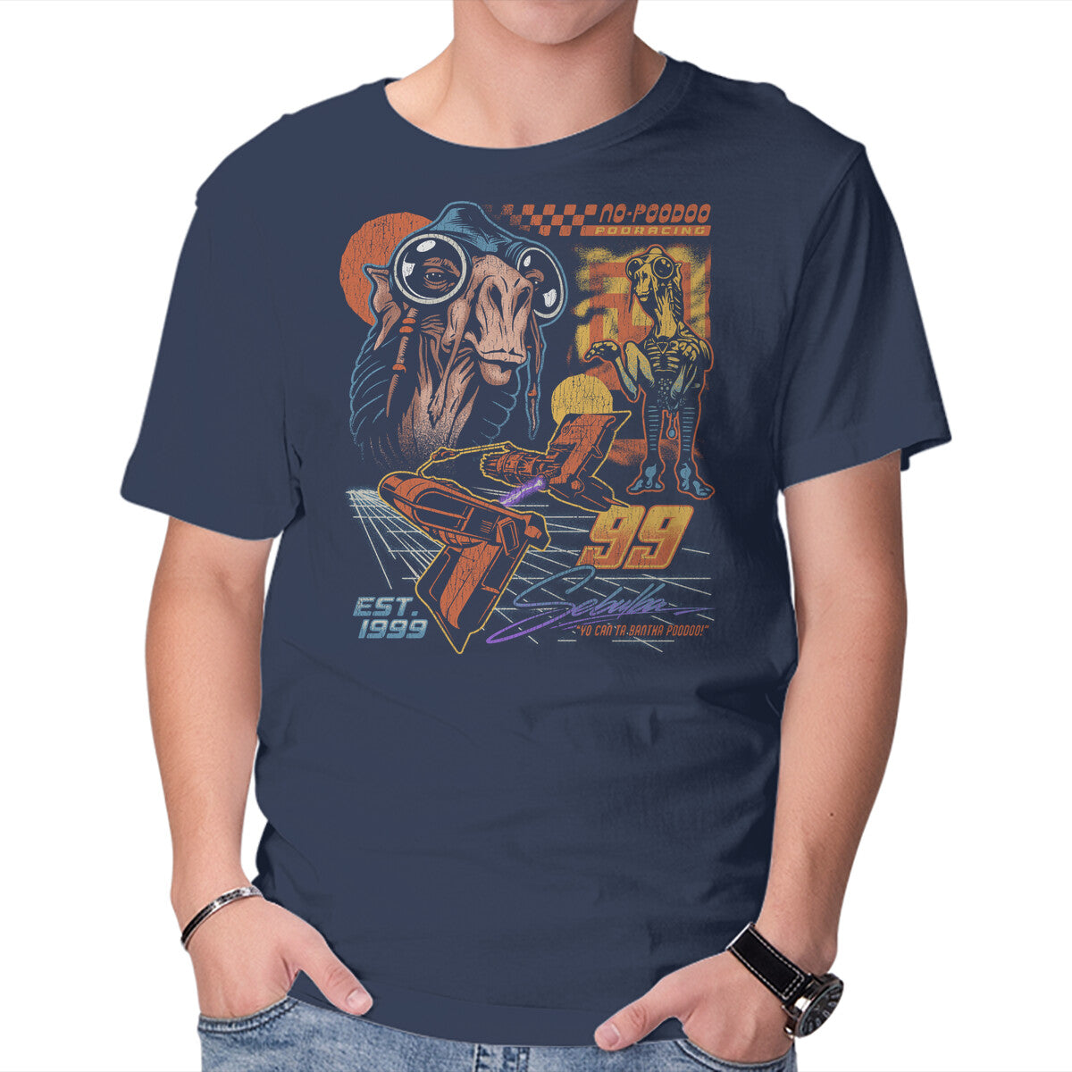 No Poodoo Podracing – Sci-Fi Graphic T-Shirt in navy, product display