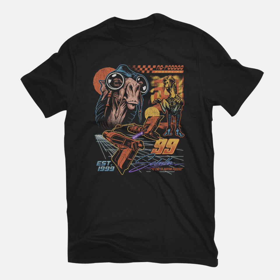 No Poodoo Podracing – Sci-Fi Graphic T-Shirt in black, flat-lay product view