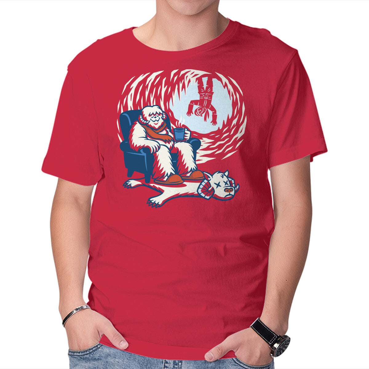 Cozy Cave – Sci-Fi Graphic T-Shirt in red, product display