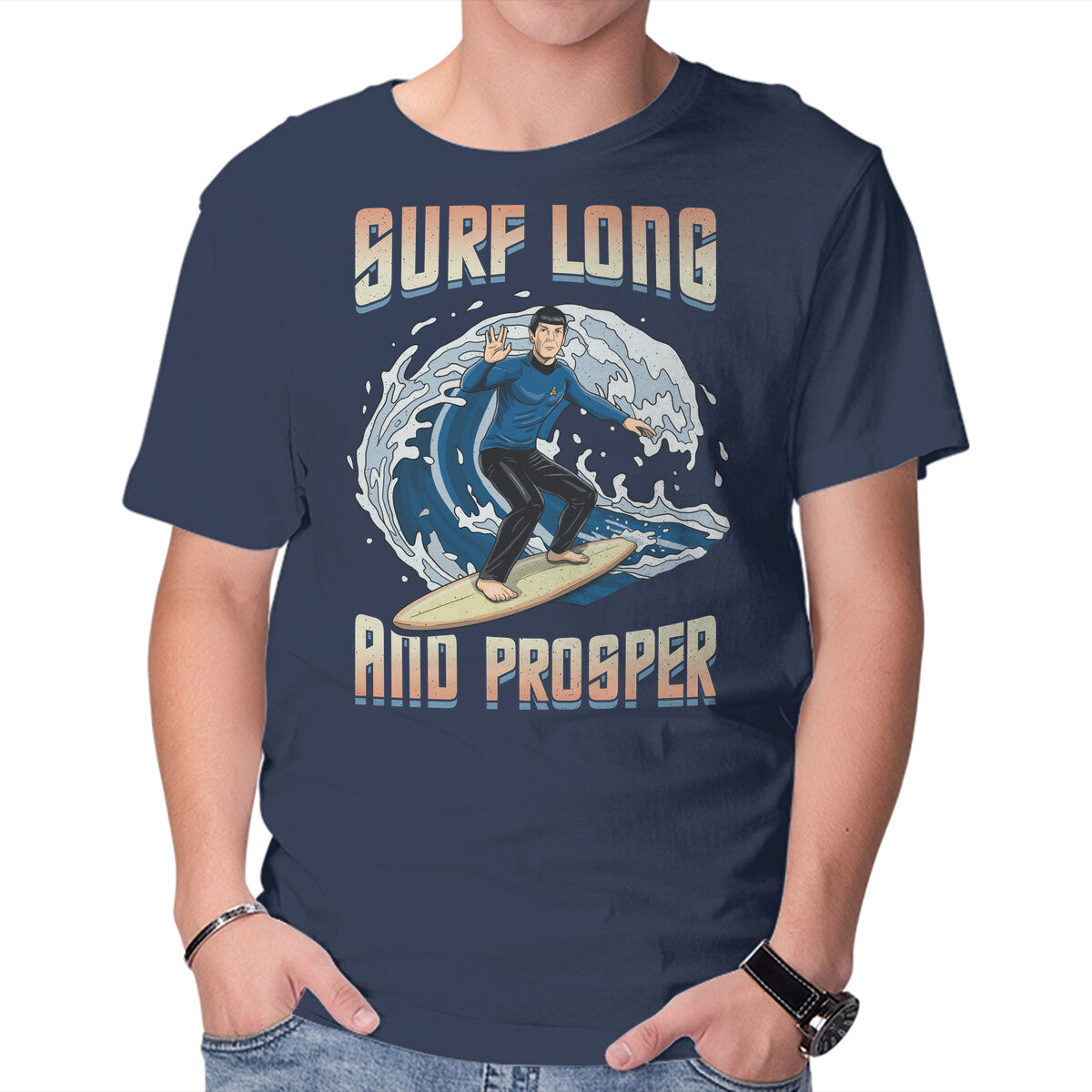 Surf Long And Prosper – Sci-Fi Graphic T-Shirt in navy, product display