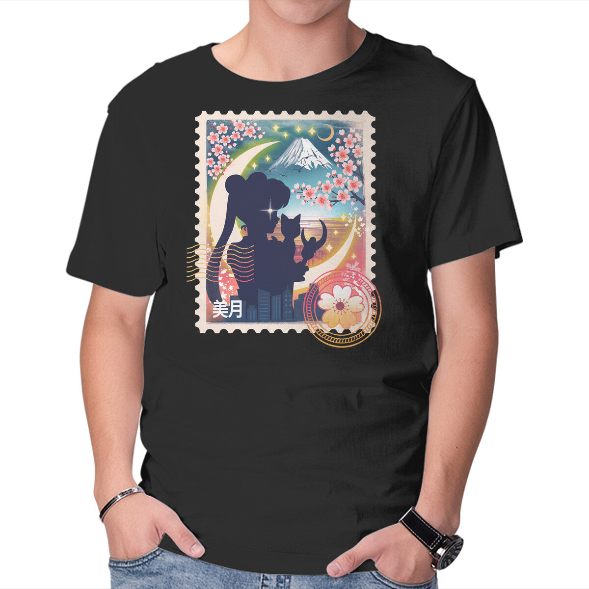 Moon Mail Stamp – Anime Graphic T-Shirt in black, product display