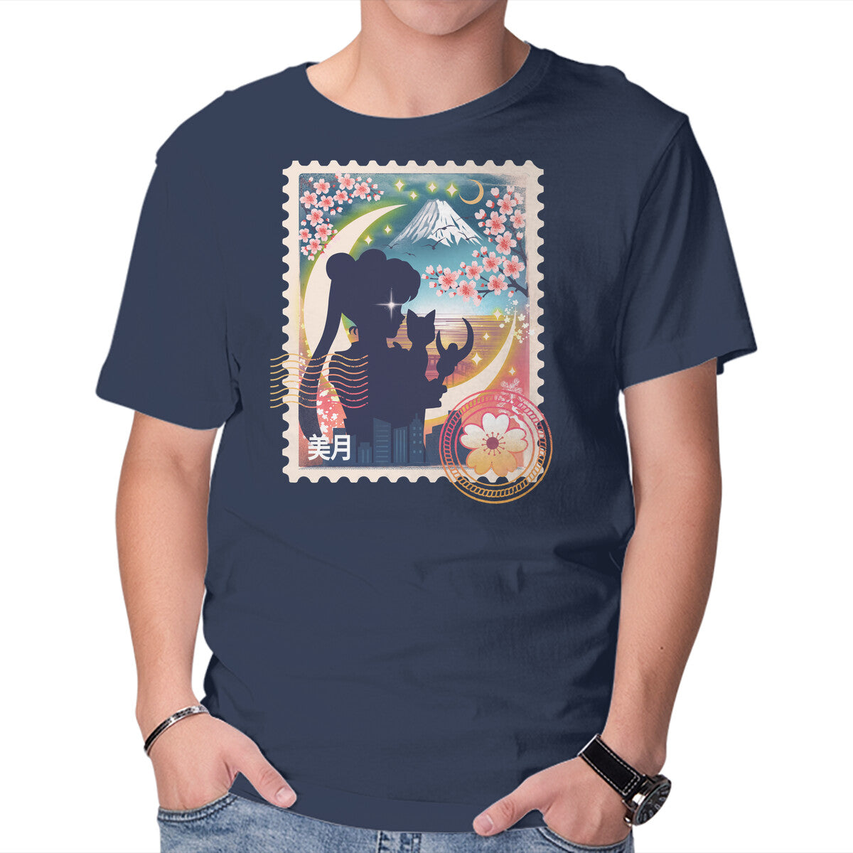 Moon Mail Stamp – Anime Graphic T-Shirt in navy, product display