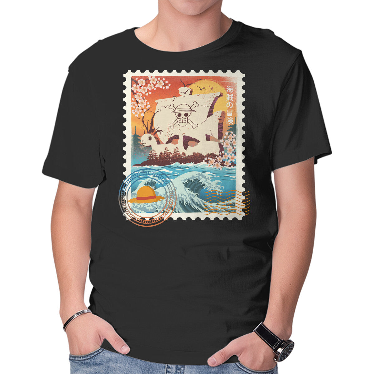 Pirate Mail Stamp – Anime Graphic T-Shirt in black, product display