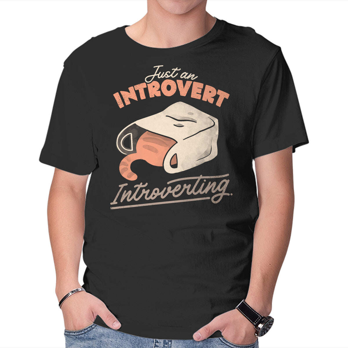 Just An Introvert Introverting – Cat Graphic T-Shirt in black, product display