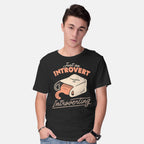 Model wearing black Just An Introvert Introverting – Cat Graphic T-Shirt
