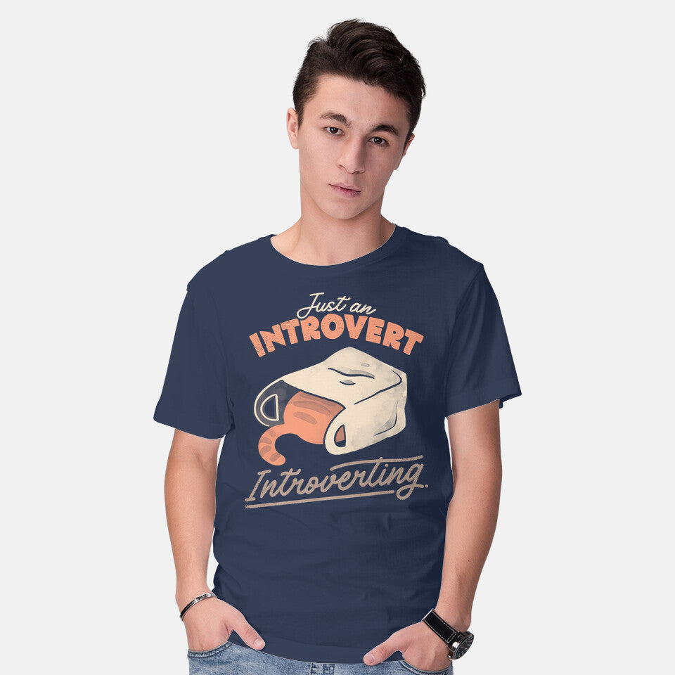 Model wearing navy Just An Introvert Introverting – Cat Graphic T-Shirt