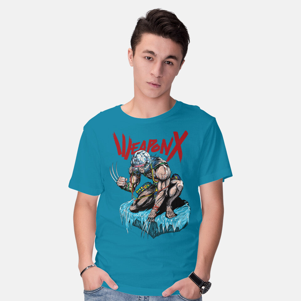 Model wearing turquoise Berserker Weapon X – Anime Graphic T-Shirt