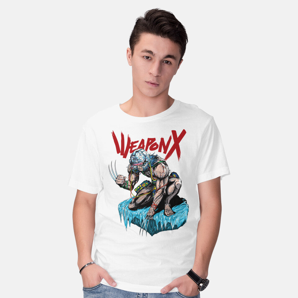 Model wearing white Berserker Weapon X – Anime Graphic T-Shirt