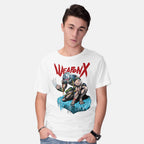 Model wearing white Berserker Weapon X – Anime Graphic T-Shirt
