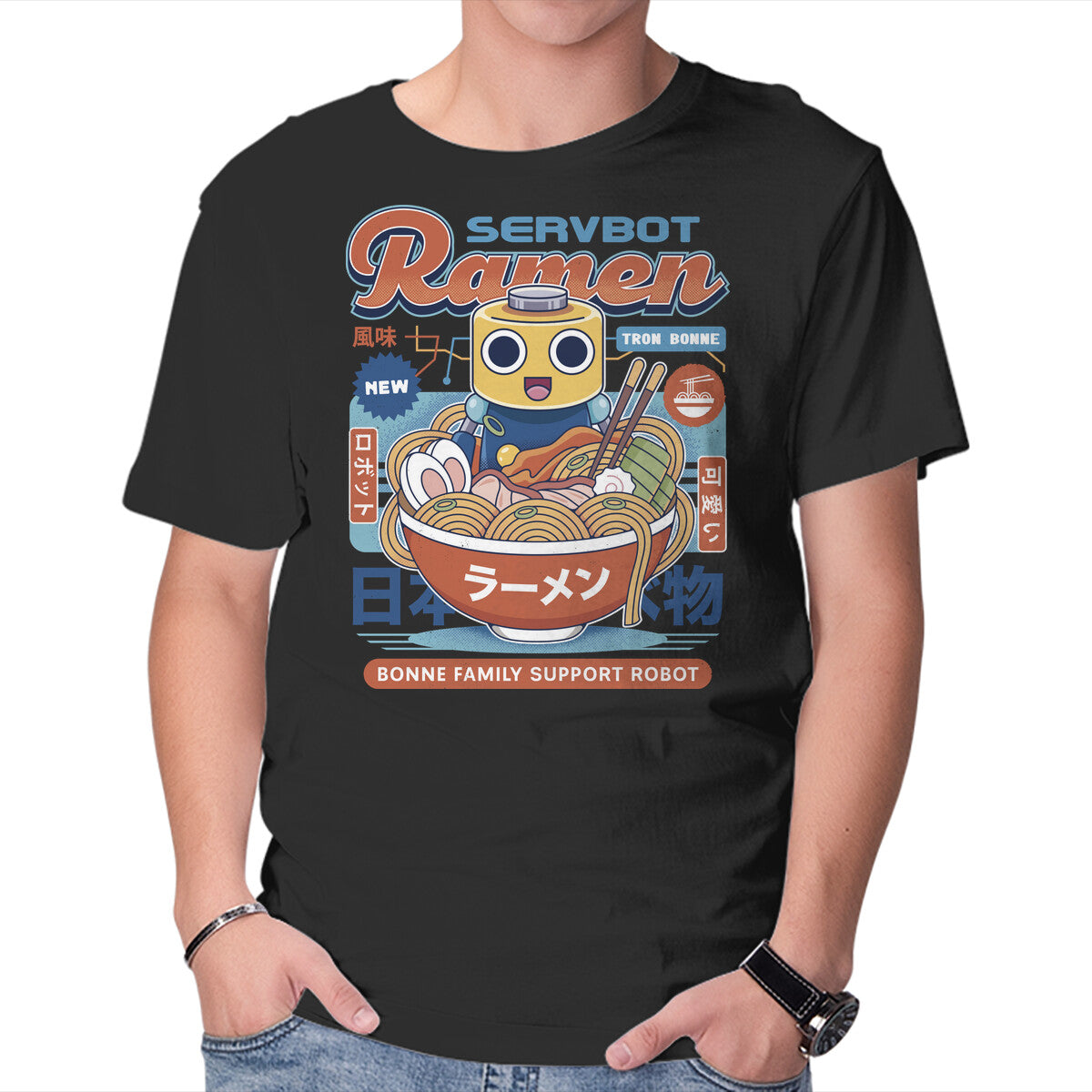 Servbot Ramen Vintage – Gaming Graphic T-Shirt in black, product display