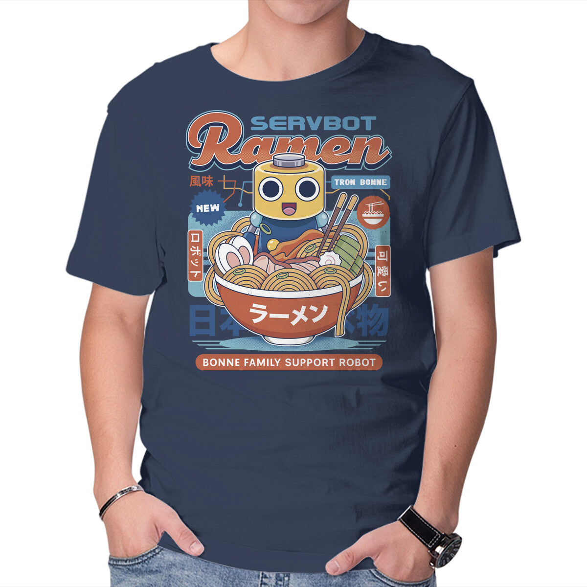 Servbot Ramen Vintage – Gaming Graphic T-Shirt in navy, product display