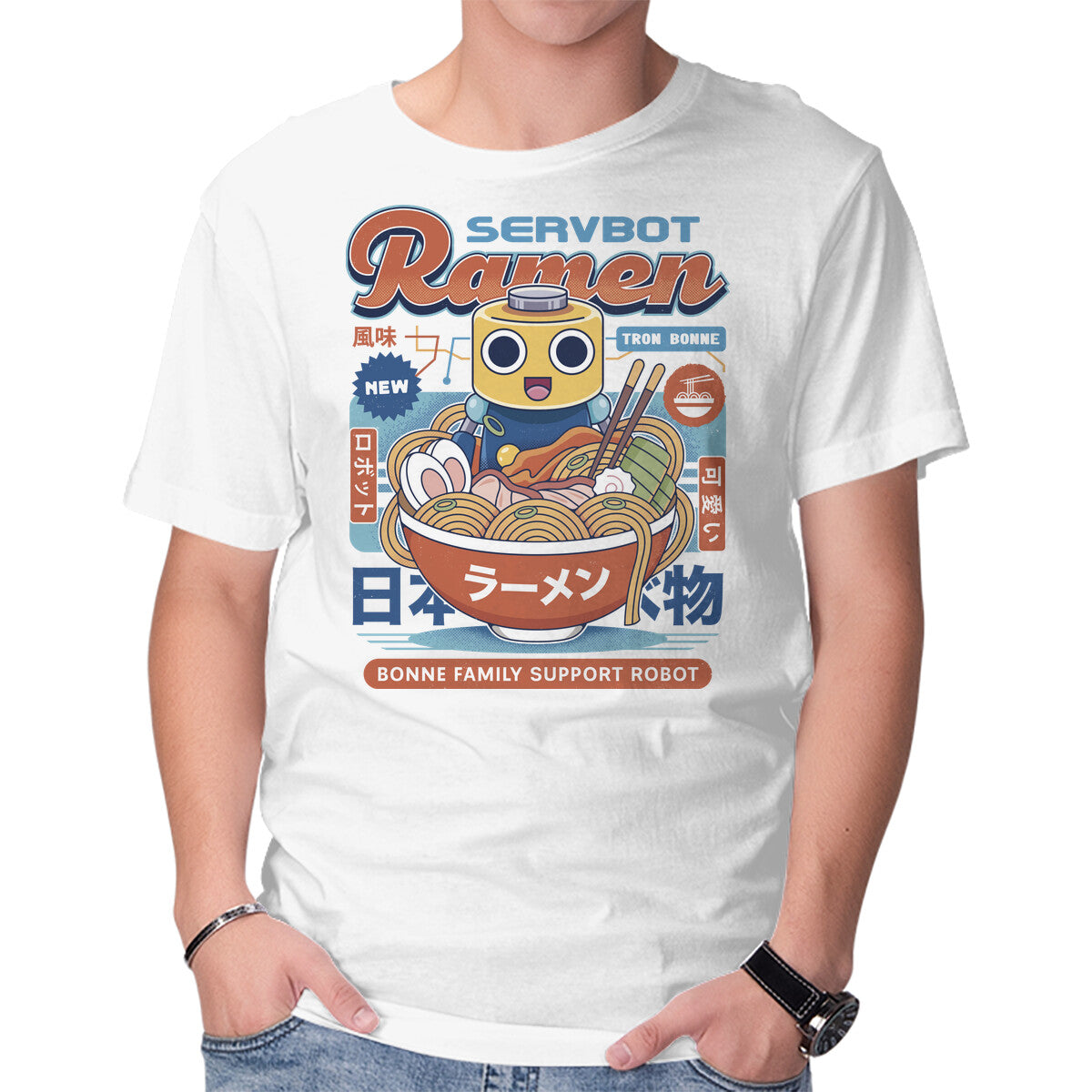 Servbot Ramen Vintage – Gaming Graphic T-Shirt in white, product display