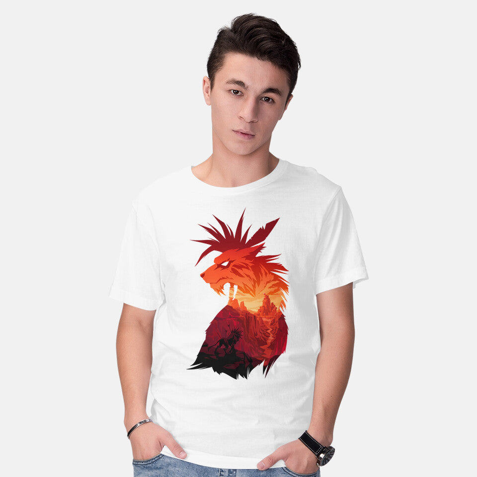 Model wearing white The Canyon's Guardian – Gaming Graphic T-Shirt