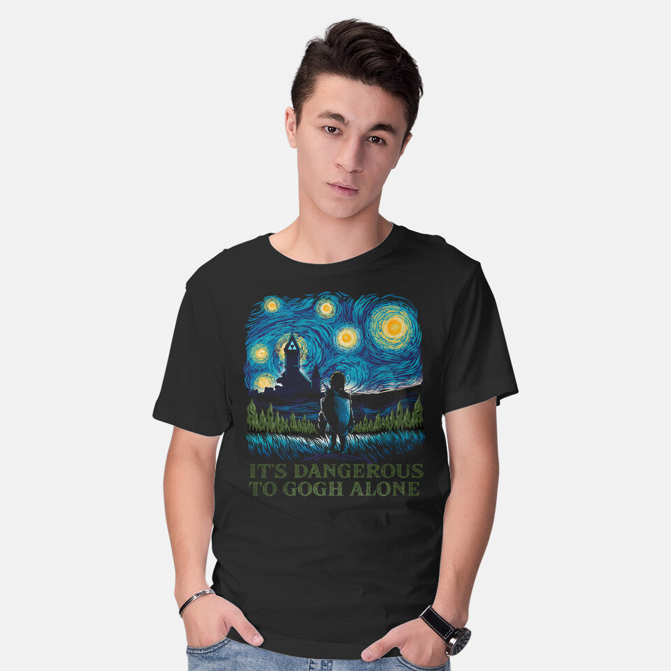 Model wearing black It's Dangerous To Gogh Alone – Anime Graphic T-Shirt