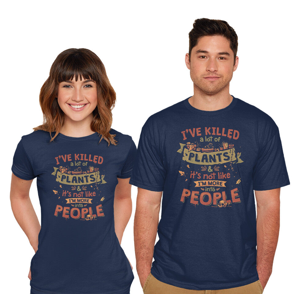 Model wearing navy Plant Killer – Horror Graphic T-Shirt